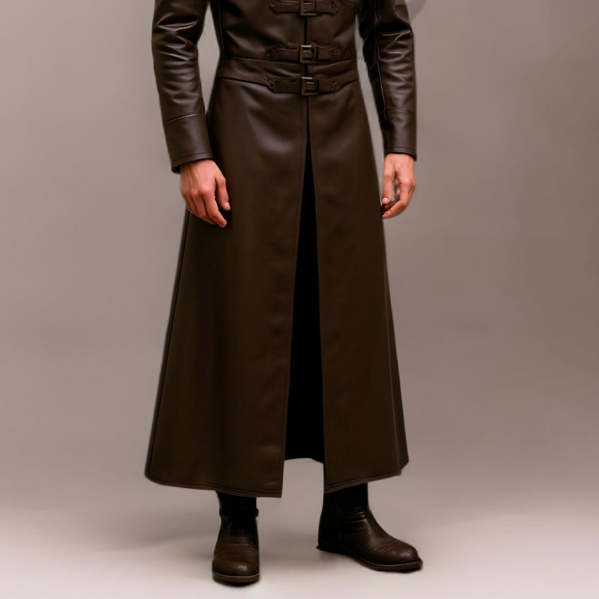 Men's Medieval Leather Long Coat Costume for Cosplay Fantasy LARP Halloween Ren Faire Knight