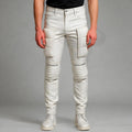 Men's White Leather Biker Pants with Cargo Pockets for Motorcycle Fashion Cosplay Streetwear Riders