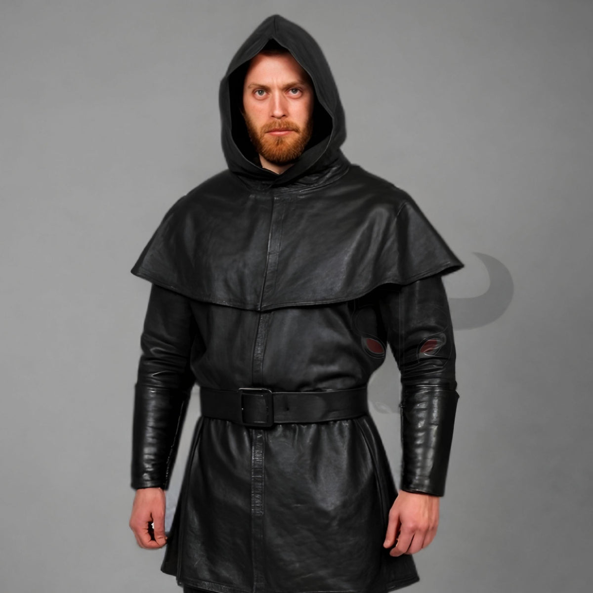 Men's Black Leather Hooded Tunic Cloak with Belt | Medieval Fantasy Cosplay Costume Outfit