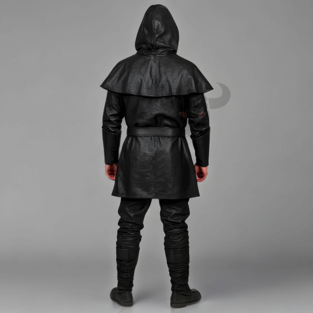 Men's Black Leather Hooded Tunic Cloak with Belt | Medieval Fantasy Cosplay Costume Outfit