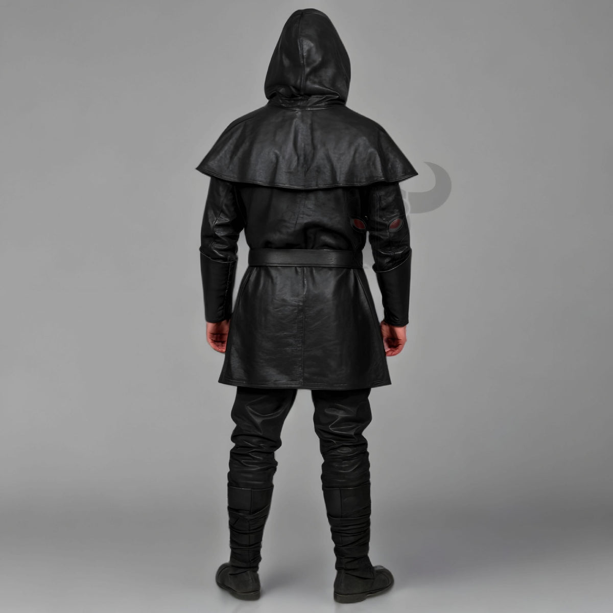 Men's Black Leather Hooded Tunic Cloak with Belt | Medieval Fantasy Cosplay Costume Outfit