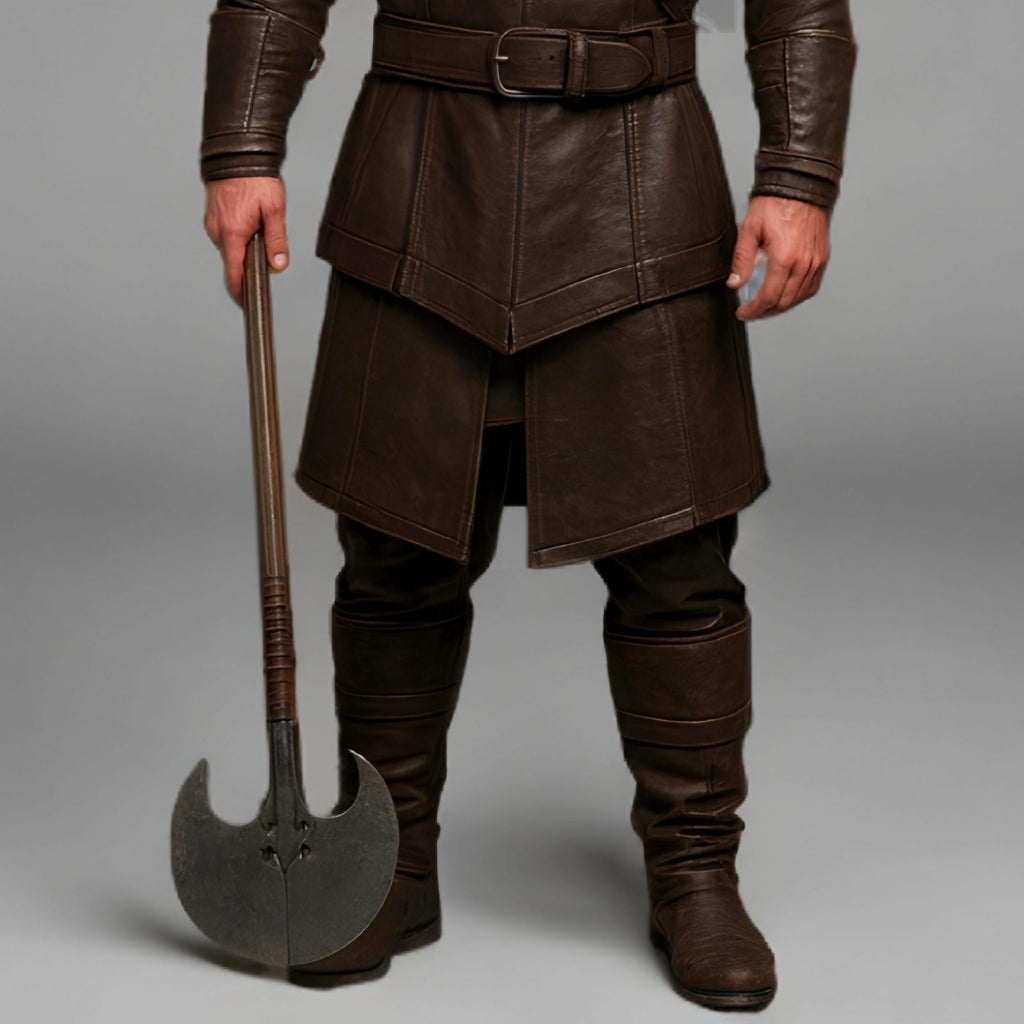 Men's Brown Leather Viking Armor Tunic with Fur Shoulder Medieval Warrior Cosplay Costume Outfit