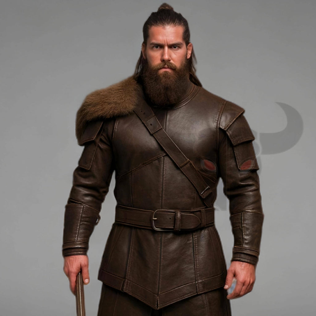 Men's Brown Leather Viking Armor Tunic with Fur Shoulder Medieval Warrior Cosplay Costume Outfit