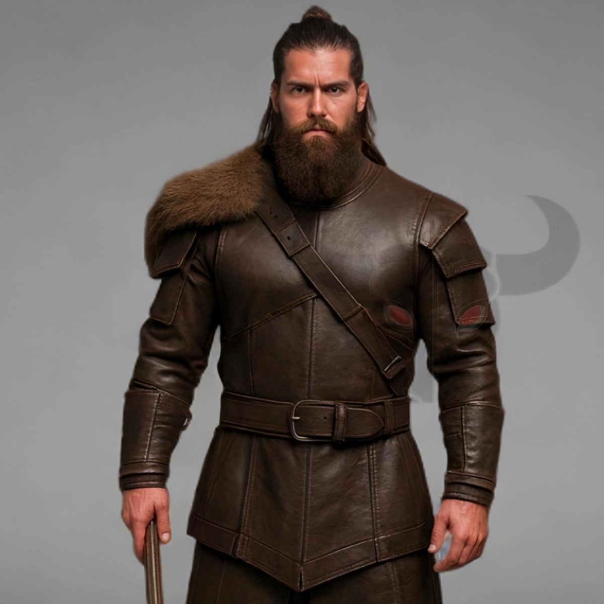 Men's Brown Leather Viking Armor Tunic with Fur Shoulder Medieval Warrior Cosplay Costume Outfit