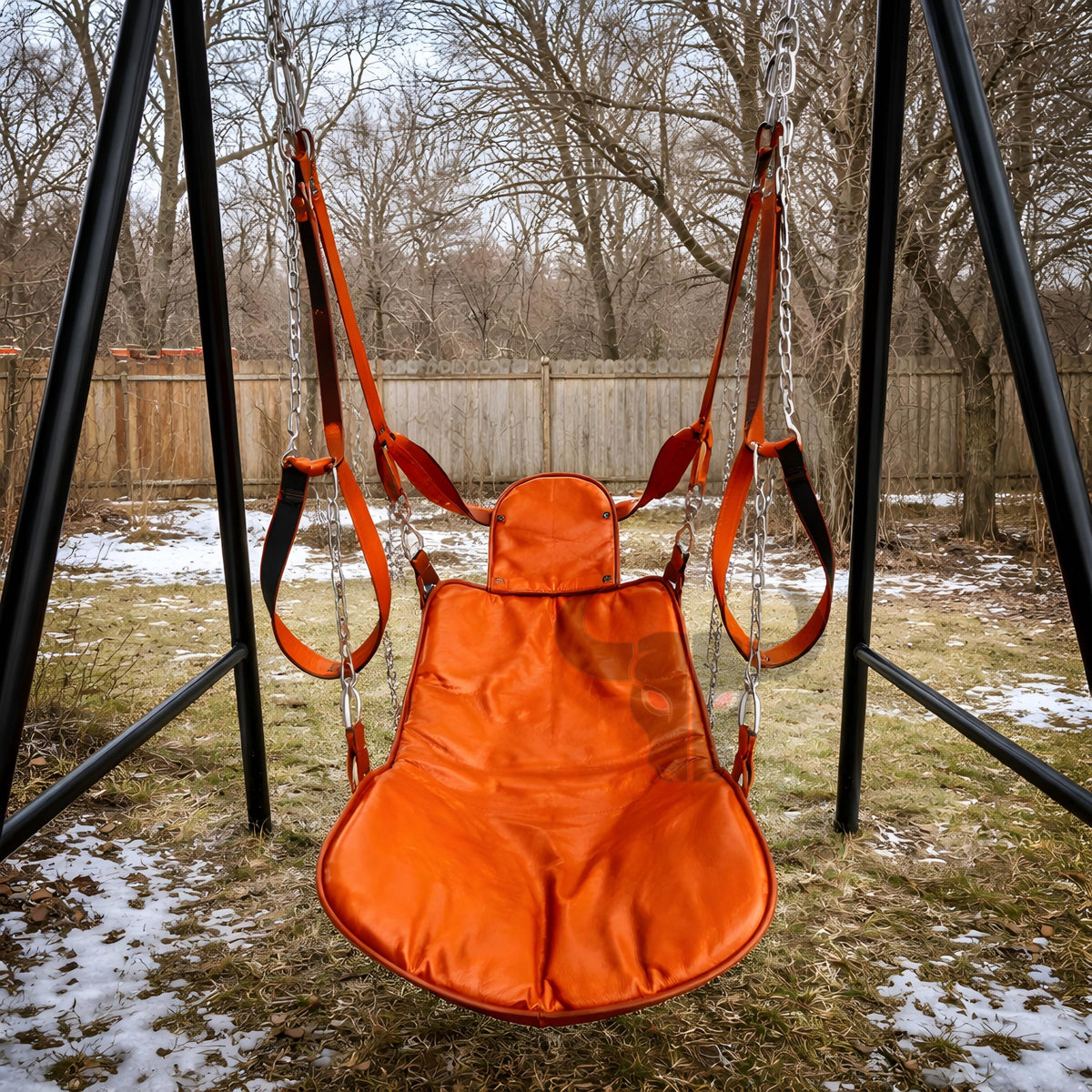 Handcrafted Orange Leather Hanging Swing Chair Outdoor Indoor Relaxation Seat With Steel Frame Heavy-Duty