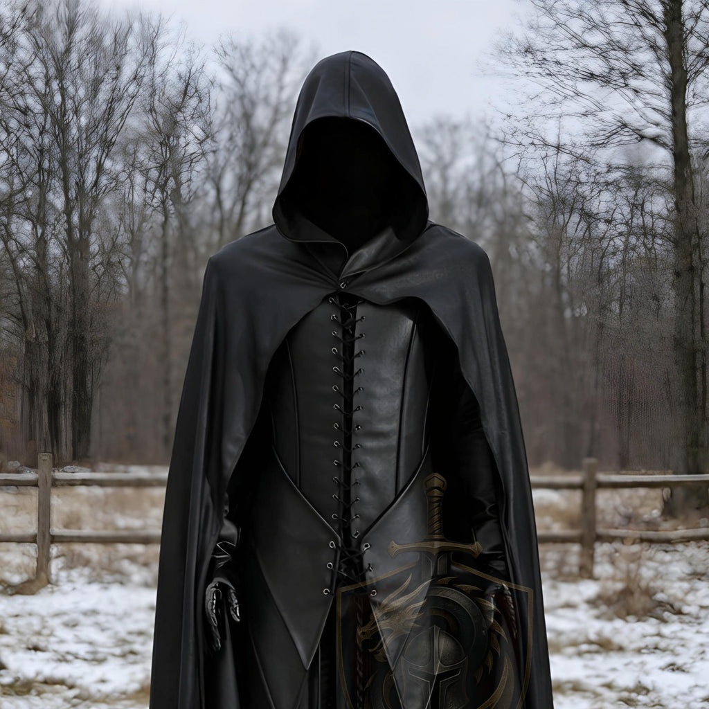 Black Hooded Leather Cloak Medieval Assassin Armor Gothic LARP Cosplay Costume Handmade Dark Warrior