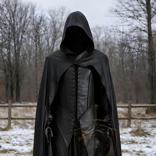 Black Hooded Leather Cloak Medieval Assassin Armor Gothic LARP Cosplay Costume Handmade Dark Warrior