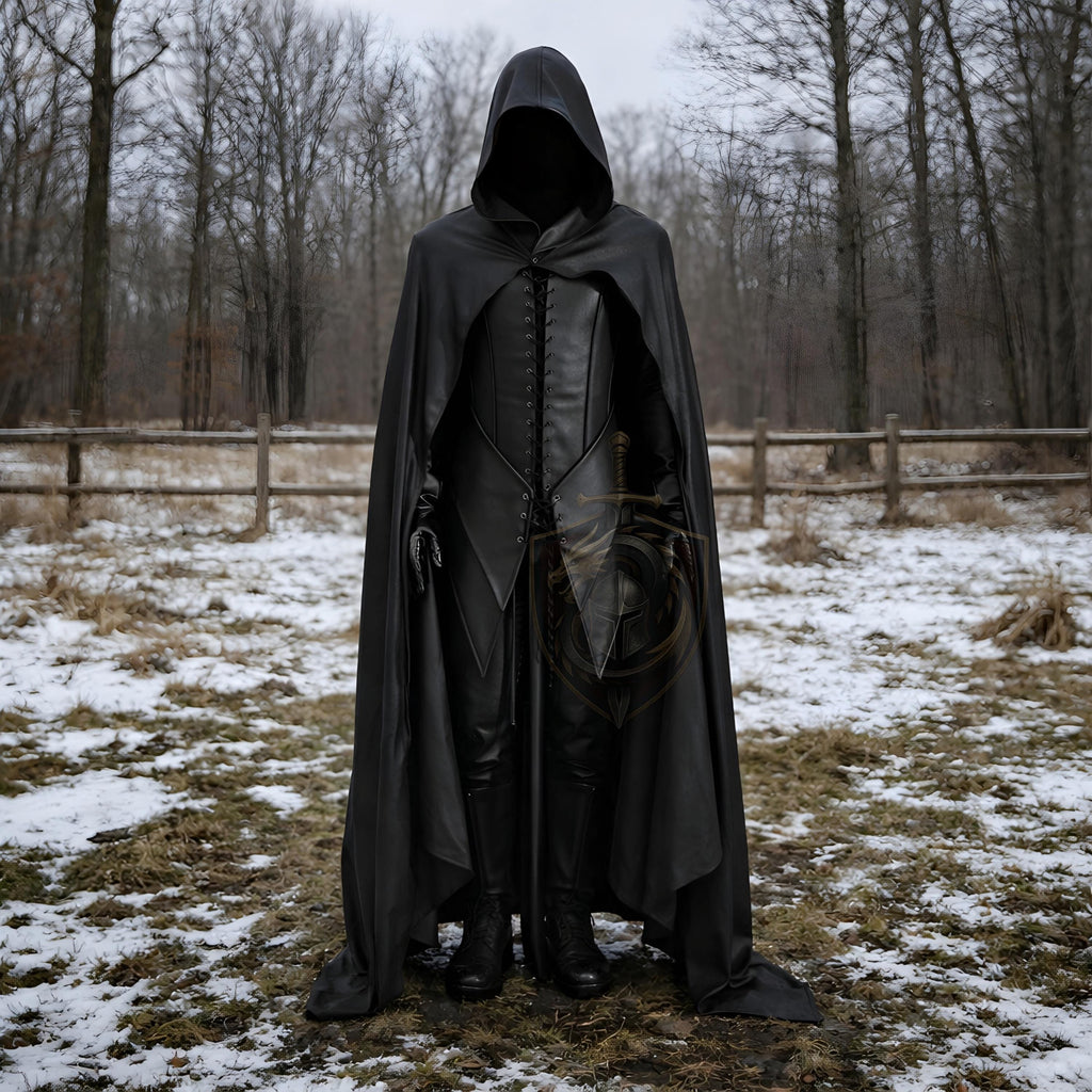 Black Hooded Leather Cloak Medieval Assassin Armor Gothic LARP Cosplay Costume Handmade Dark Warrior