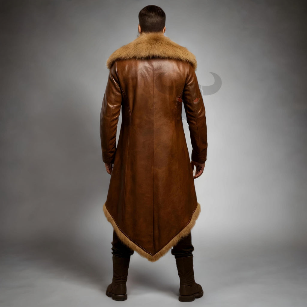 Men's Brown Leather Fur Collar Coat Viking Medieval Long Trench Winter Jacket Handmade Steampunk