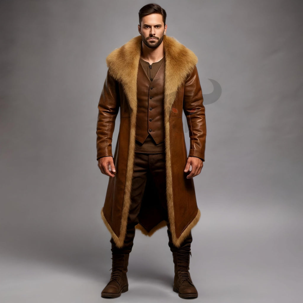 Men's Brown Leather Fur Collar Coat Viking Medieval Long Trench Winter Jacket Handmade Steampunk