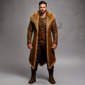 Men's Brown Leather Fur Collar Coat Viking Medieval Long Trench Winter Jacket Handmade Steampunk