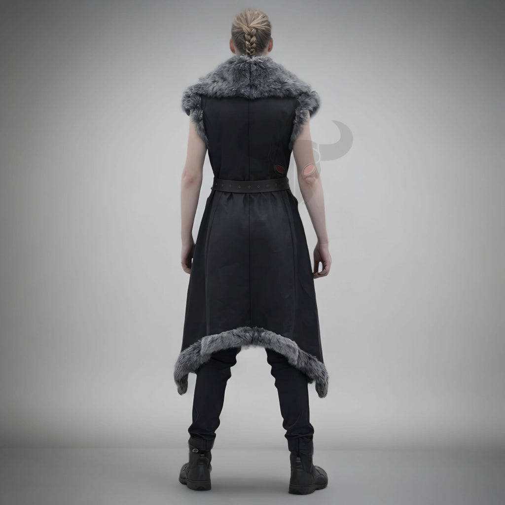 Handcrafted Genuine Leather Viking Fur Vest Medieval Warrior Costume LARP Cosplay Long Coat Unisex