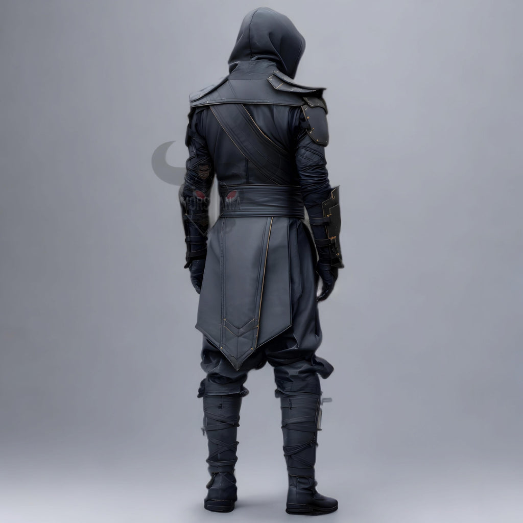 Black Hooded Assassin Leather Armor Costume Handmade Fantasy LARP Cosplay Outfit for Men Warrior