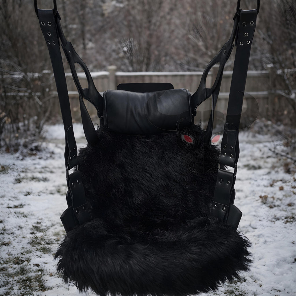 Luxury Black Leather Swing with Fur Seat | Modern Indoor/Outdoor Swing Chair for Adults