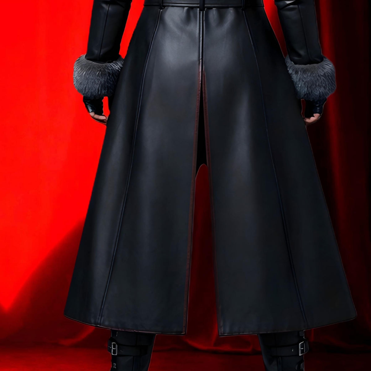 Handmade Gothic Leather Trench Coat with Fur Collar | Vampire Cosplay Long Black Jacket