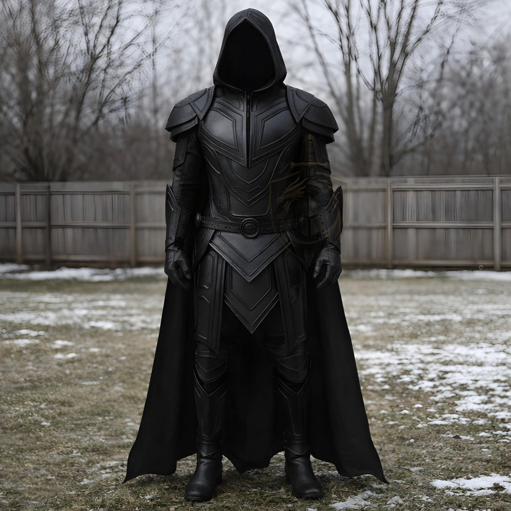 Black Hooded Medieval Warrior Armor Costume Gothic LARP Knight Cosplay Outfit Handmade Leather Set
