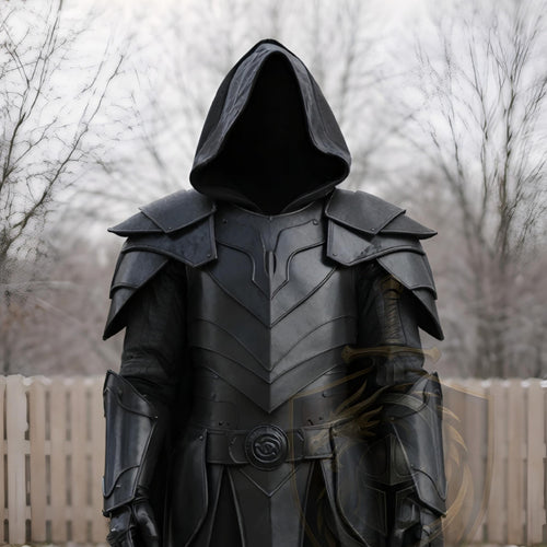 Black Hooded Leather Armor Medieval Dark Knight Cosplay LARP Warrior Costume Handmade Gothic Unisex