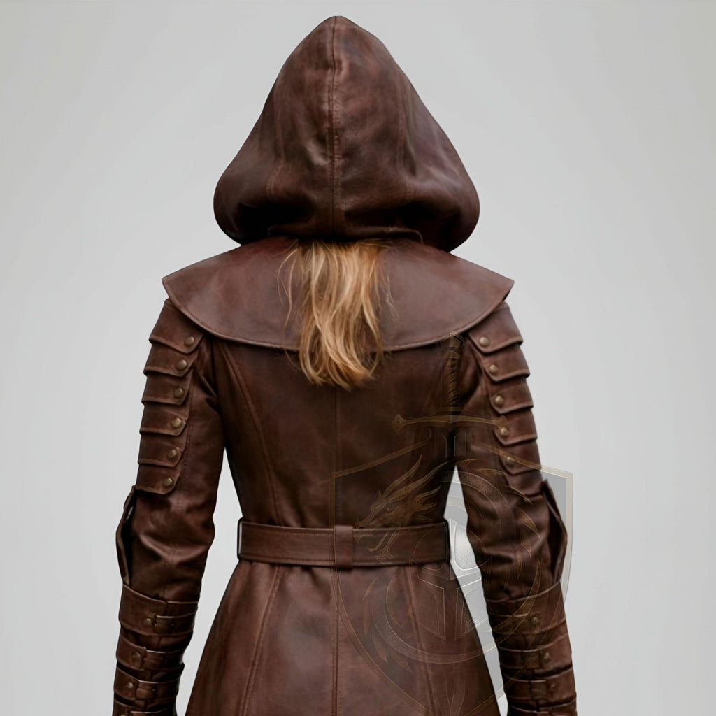 HandCrafted Medieval Coat Women’s Brown Leather Hooded Fantasy Warrior LARP Gothic Armor Outfit