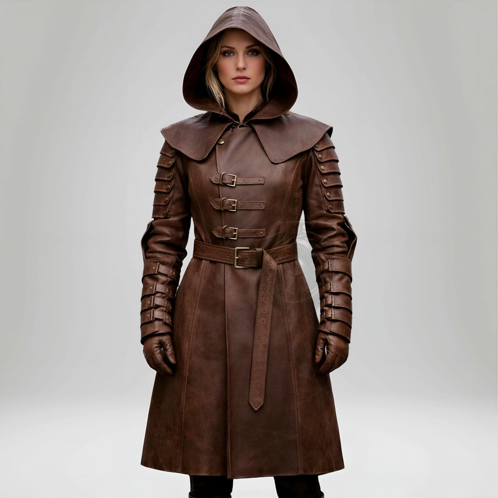 HandCrafted Medieval Coat Women’s Brown Leather Hooded Fantasy Warrior LARP Gothic Armor Outfit