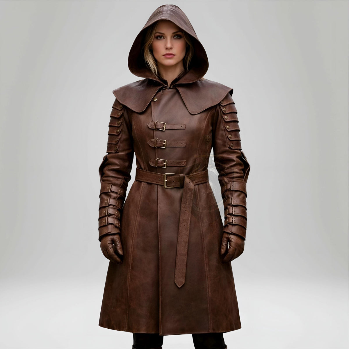 HandCrafted Medieval Coat Women’s Brown Leather Hooded Fantasy Warrior LARP Gothic Armor Outfit