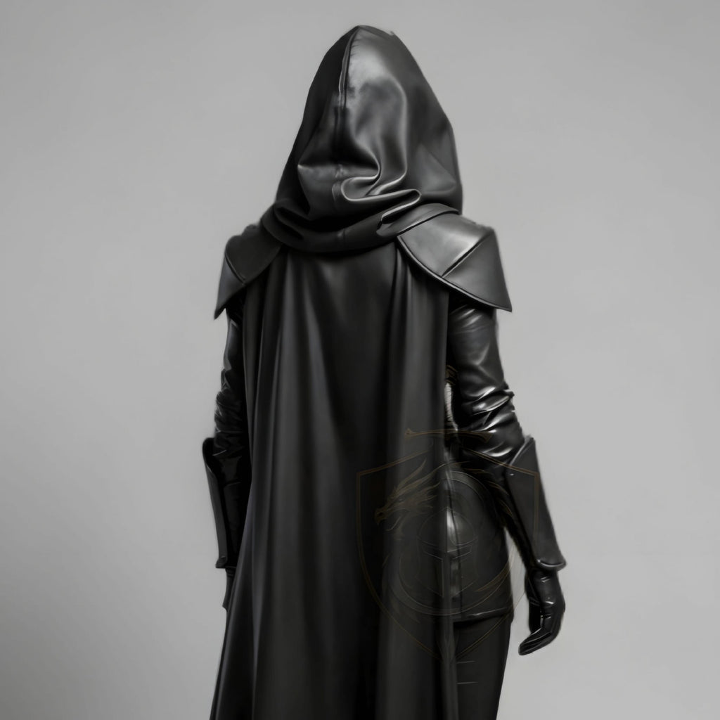 HandCrafted Black Hooded Leather Assassin Costume Women Medieval Rogue Outfit Handmade Cosplay Armor Suit