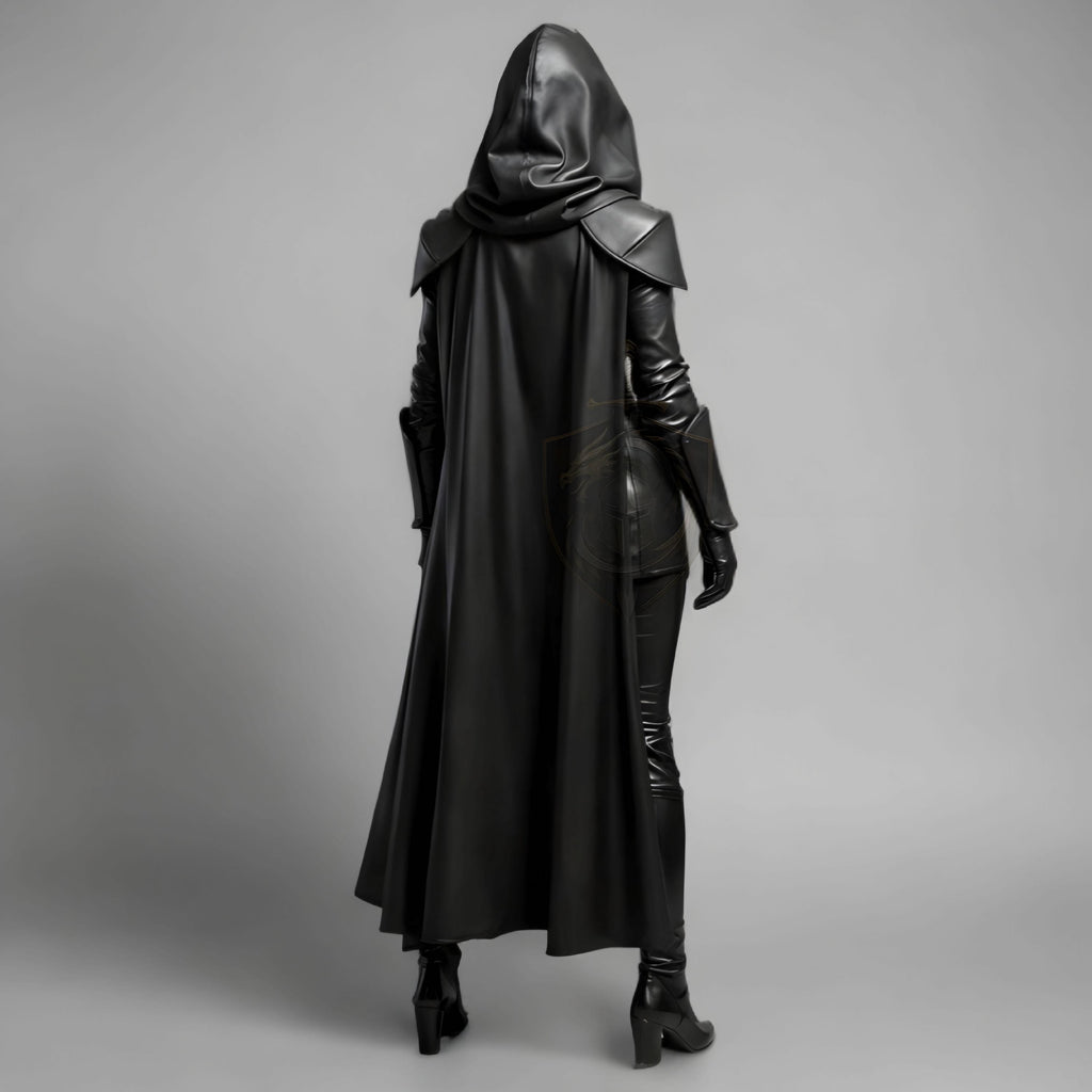 HandCrafted Black Hooded Leather Assassin Costume Women Medieval Rogue Outfit Handmade Cosplay Armor Suit