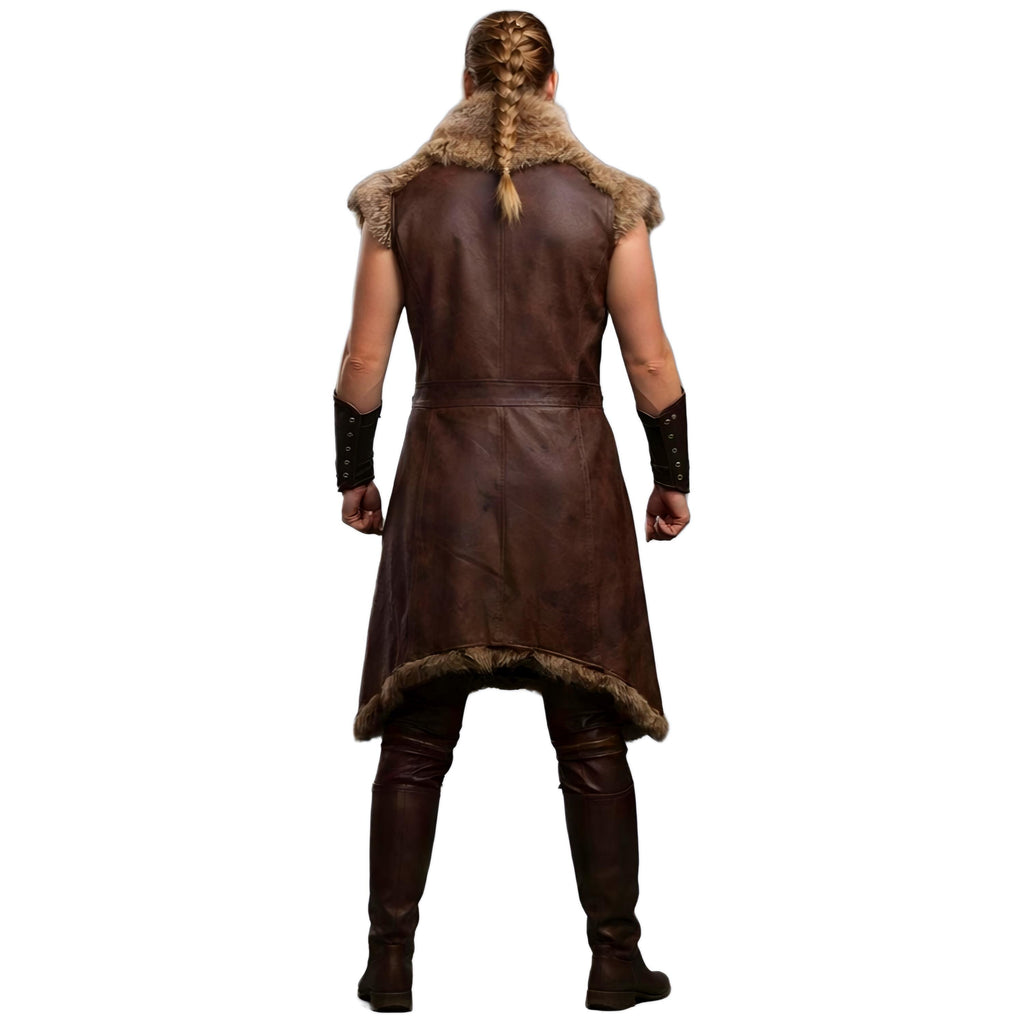Handcrafted Viking Shieldmaiden Leather Coat Fur Trim Medieval Norse Warrior Costume Women Armor Cosplay