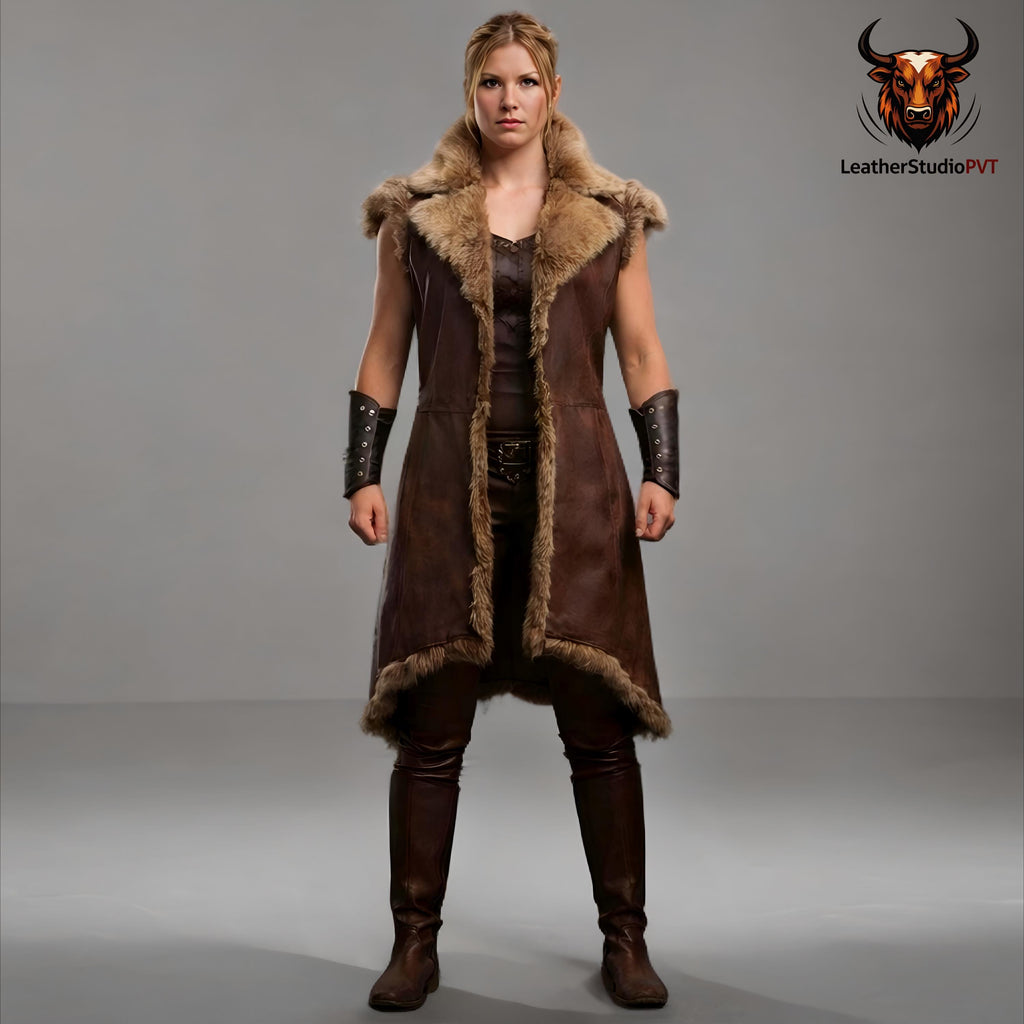 Handcrafted Viking Shieldmaiden Leather Coat Fur Trim Medieval Norse Warrior Costume Women Armor Cosplay
