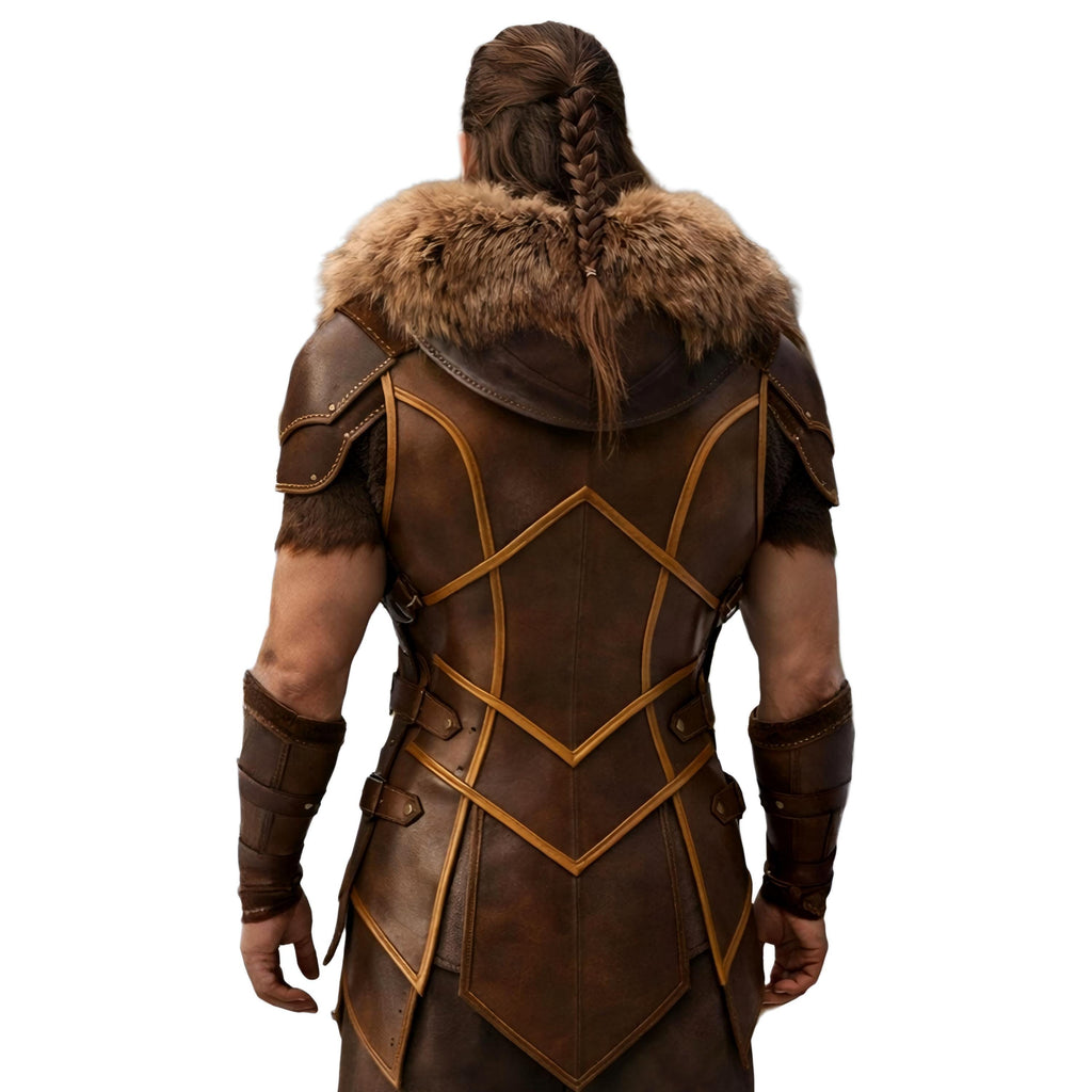Handcrafted Viking Warrior Leather Armor Fur Collar Nordic LARP Cosplay Costume Mens Medieval Battle