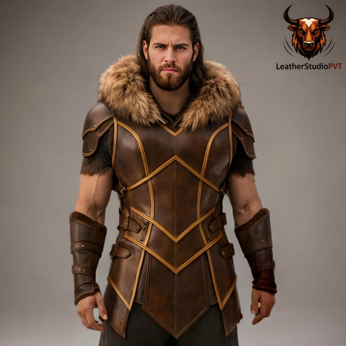 Handcrafted Viking Warrior Leather Armor Fur Collar Nordic LARP Cosplay Costume Mens Medieval Battle