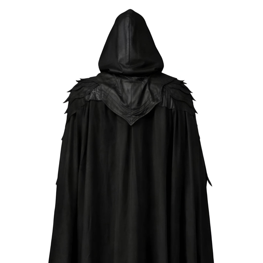 Dark Fantasy Real Leather Warrior Costume | Black Hooded Cloak & Black Chest Armor