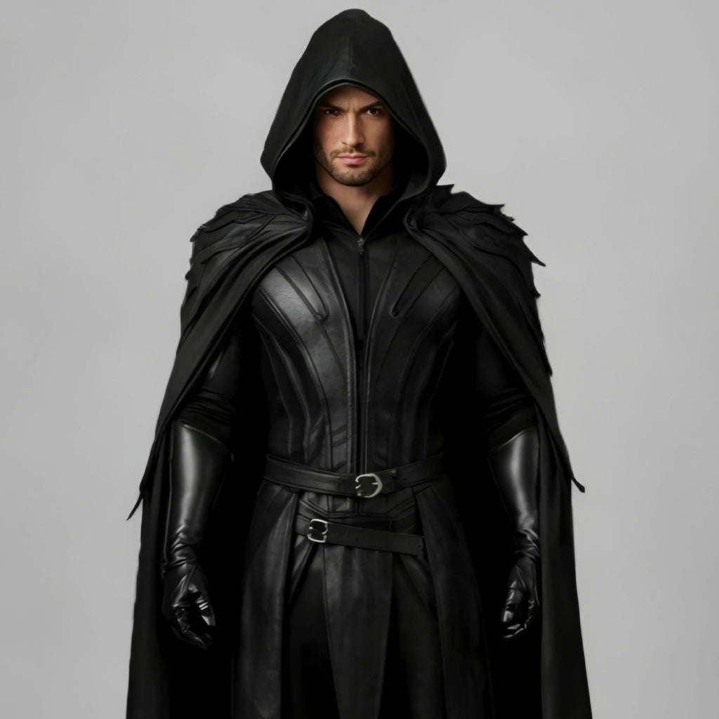 Dark Fantasy Real Leather Warrior Costume | Black Hooded Cloak & Black Chest Armor