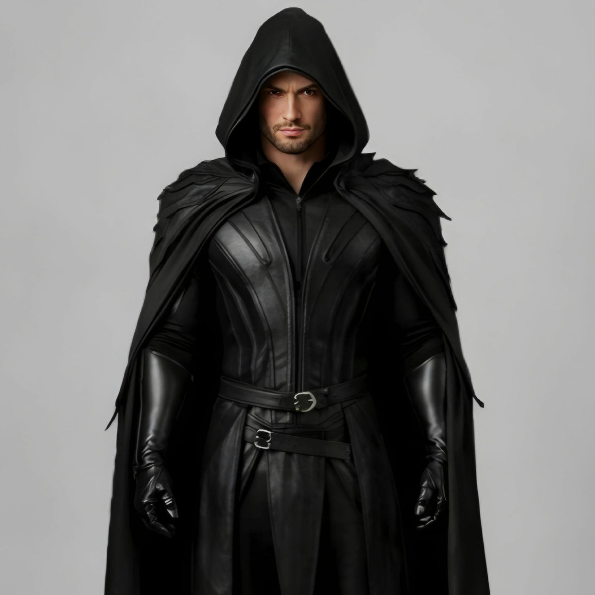 Dark Fantasy Real Leather Warrior Costume | Black Hooded Cloak & Black Chest Armor