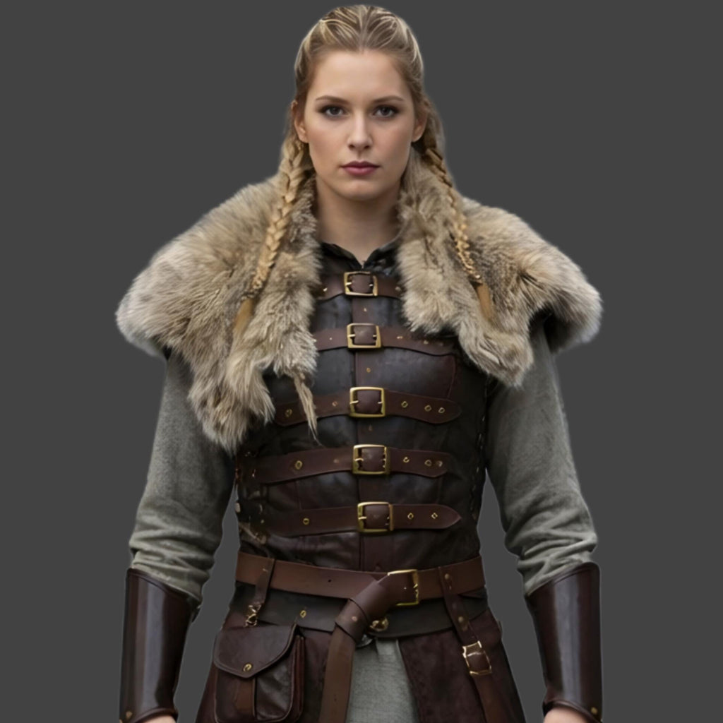 Viking Leather Armor Costume for Women Fur Collar Medieval Warrior Outfit LARP Cosplay Jacket