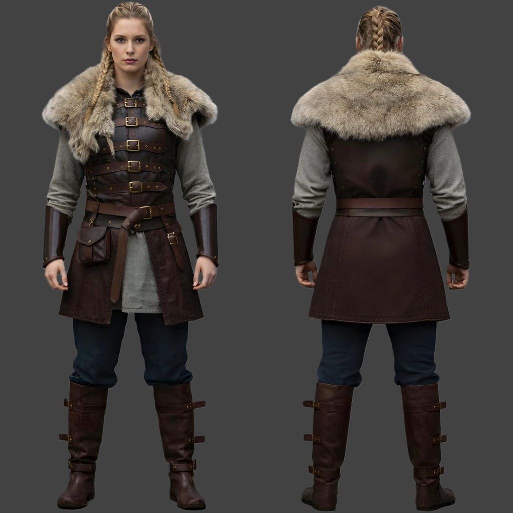 Viking Leather Armor Costume for Women Fur Collar Medieval Warrior Outfit LARP Cosplay Jacket