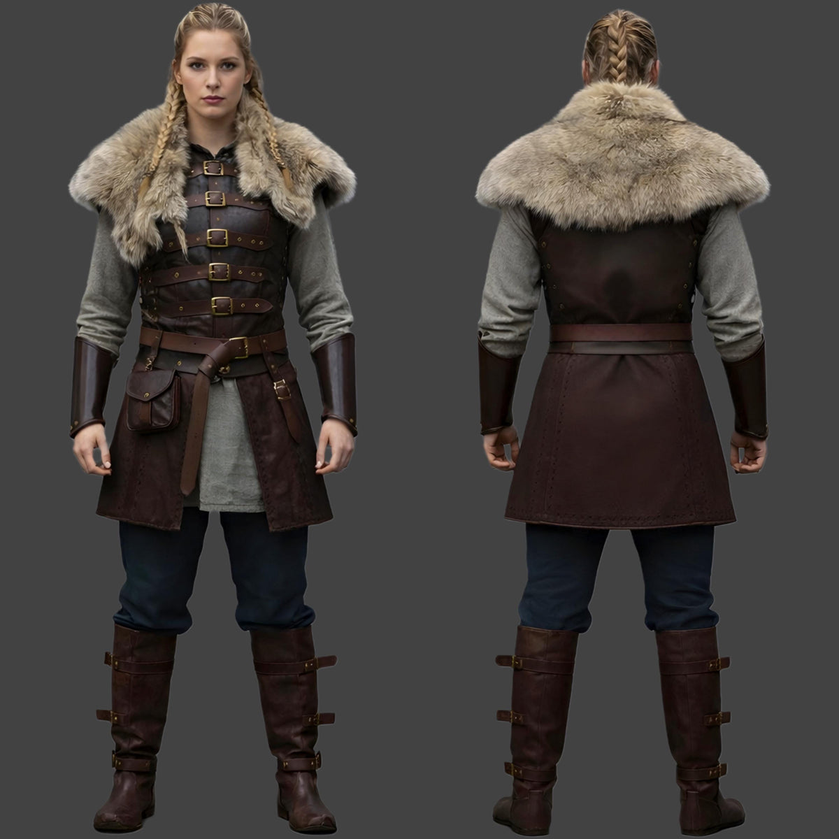 Viking Leather Armor Costume for Women Fur Collar Medieval Warrior Outfit LARP Cosplay Jacket
