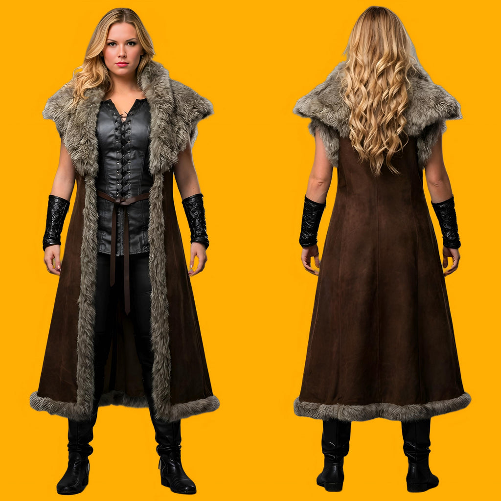 Handcrafted Cowhide Medieval Fur Coat Viking Warrior Costume Norse Leather Long Winter Cloak Armor