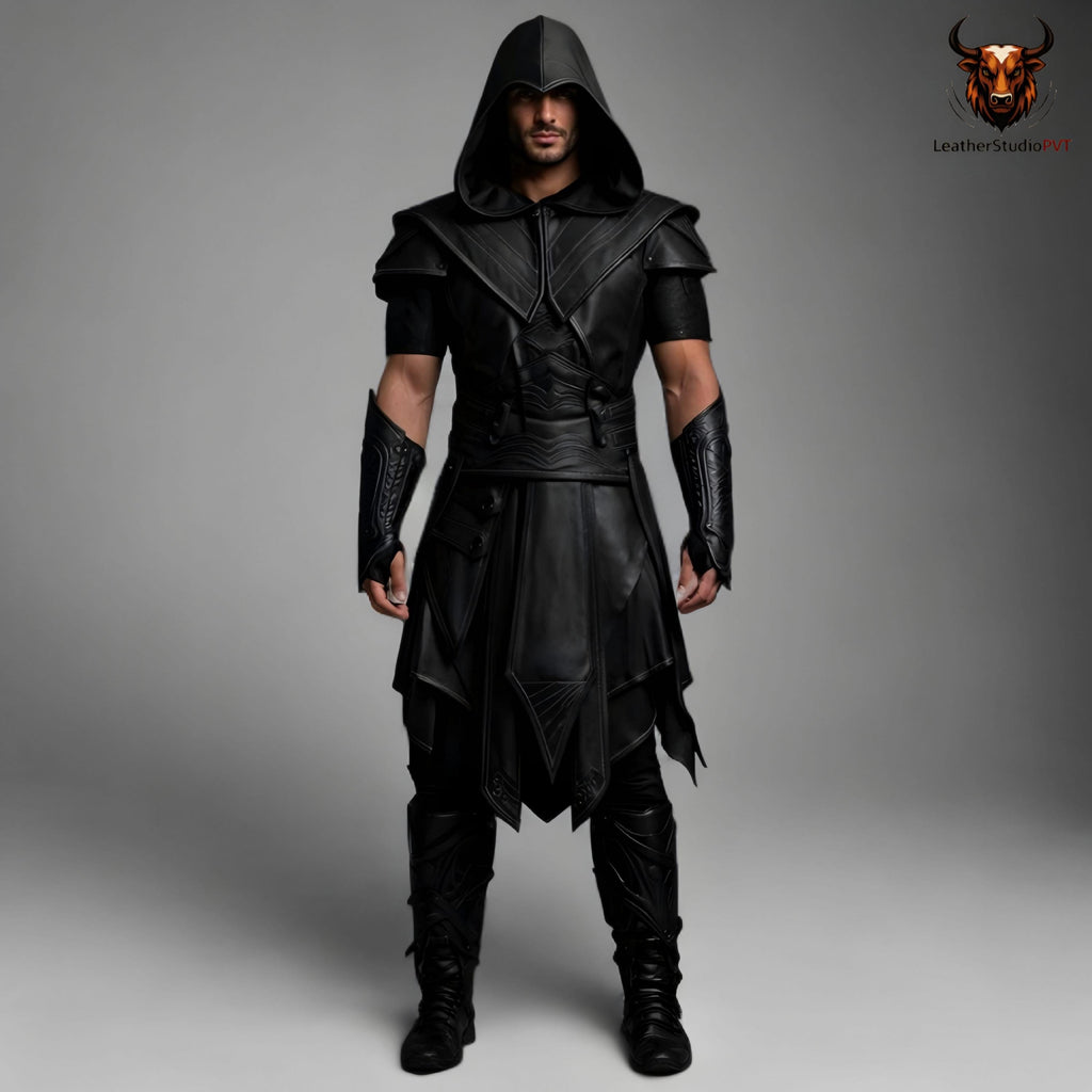 Handcrafted Dark Assassin Hooded Leather Armor Costume Medieval Warrior LARP Cosplay Outfit Men Fantasy