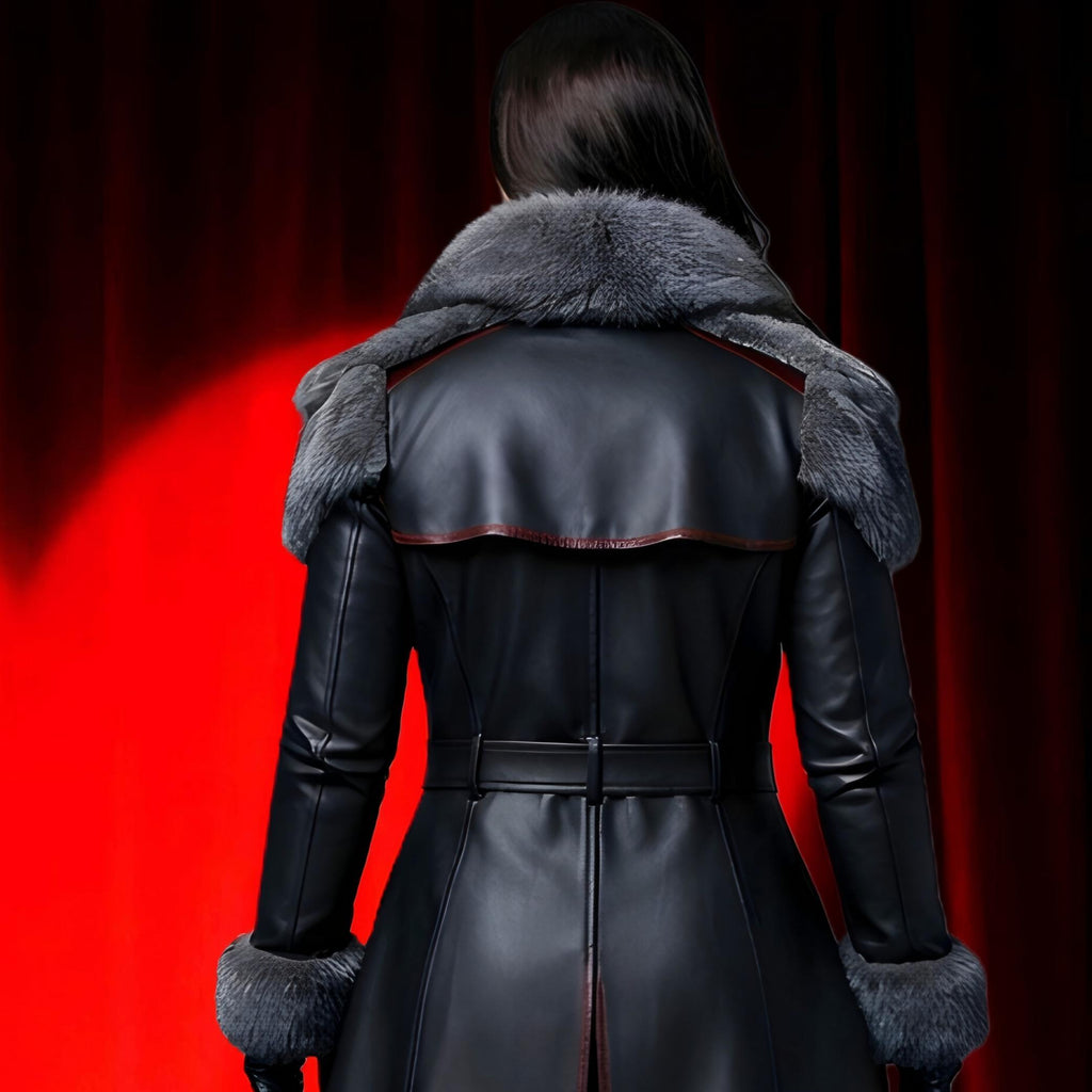 Handmade Gothic Leather Trench Coat with Fur Collar | Vampire Cosplay Long Black Jacket