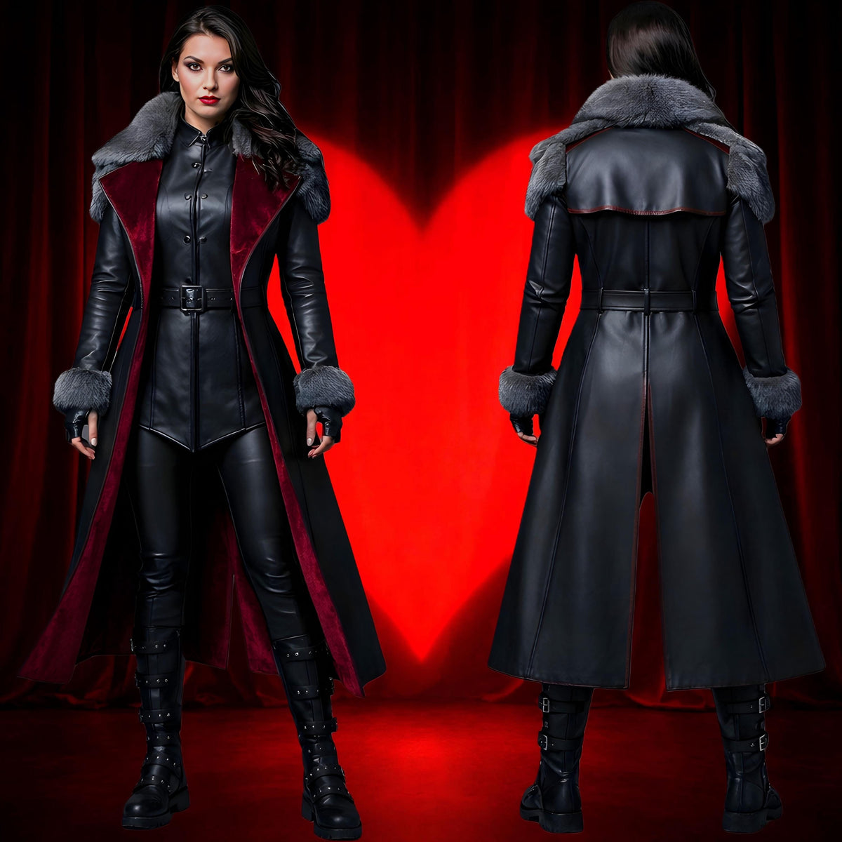 Handmade Gothic Leather Trench Coat with Fur Collar | Vampire Cosplay Long Black Jacket