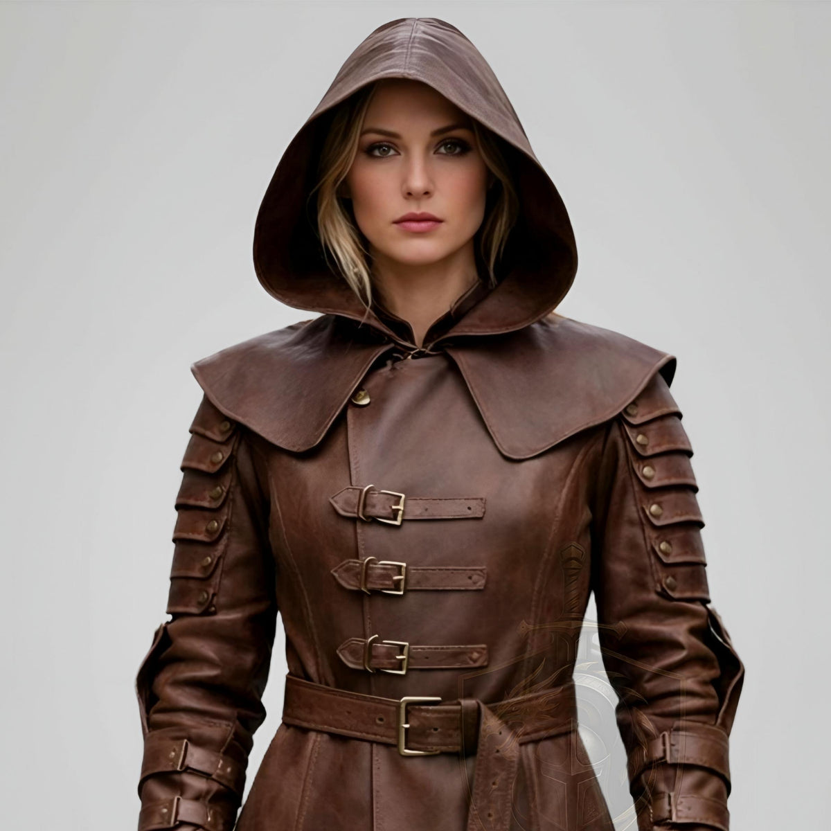 HandCrafted Medieval Coat Women’s Brown Leather Hooded Fantasy Warrior LARP Gothic Armor Outfit