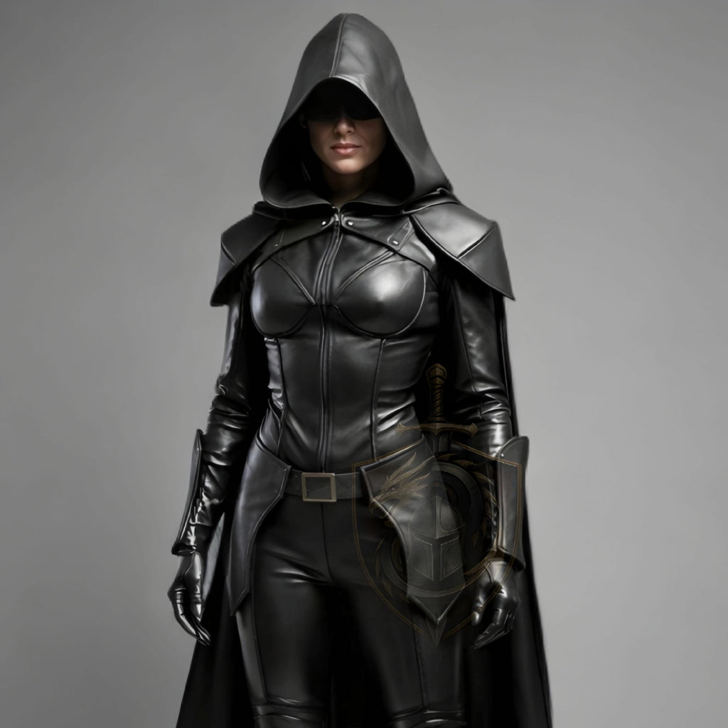 HandCrafted Black Hooded Leather Assassin Costume Women Medieval Rogue Outfit Handmade Cosplay Armor Suit