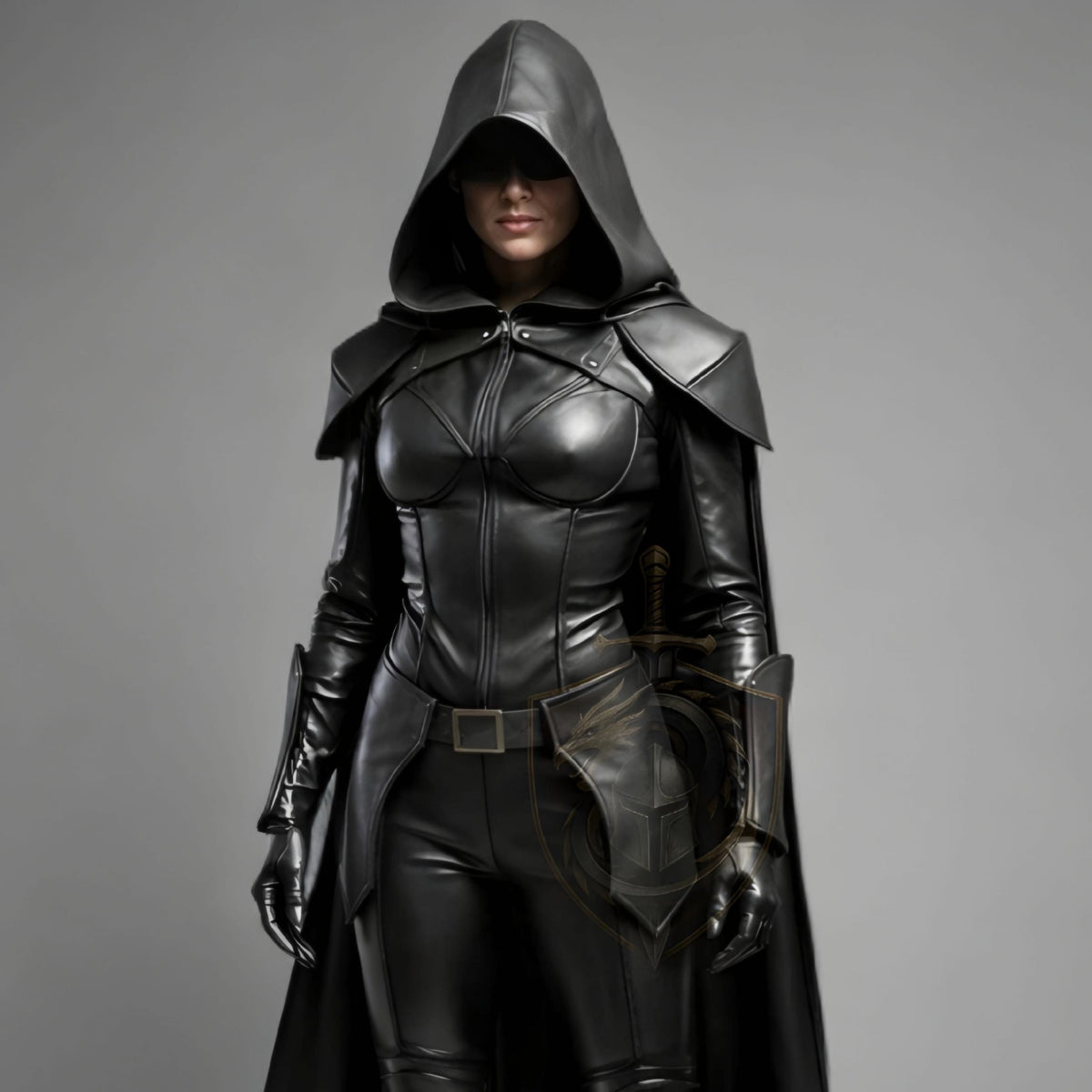 HandCrafted Black Hooded Leather Assassin Costume Women Medieval Rogue Outfit Handmade Cosplay Armor Suit