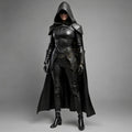 HandCrafted Black Hooded Leather Assassin Costume Women Medieval Rogue Outfit Handmade Cosplay Armor Suit