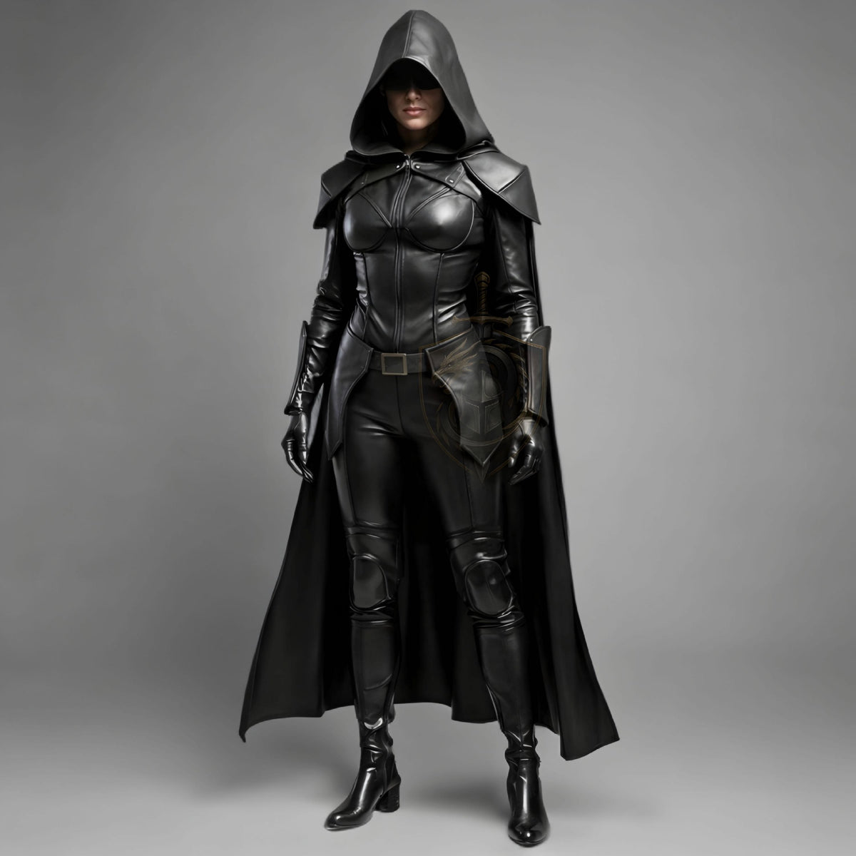 HandCrafted Black Hooded Leather Assassin Costume Women Medieval Rogue Outfit Handmade Cosplay Armor Suit