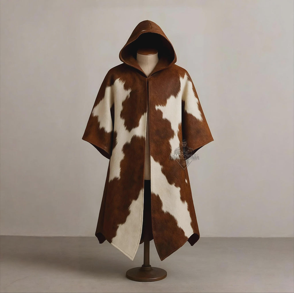 Handcrafted Western Cowhide Hooded Cloak Poncho Medieval Viking LARP Costume Festival Cosplay Cape Outfit