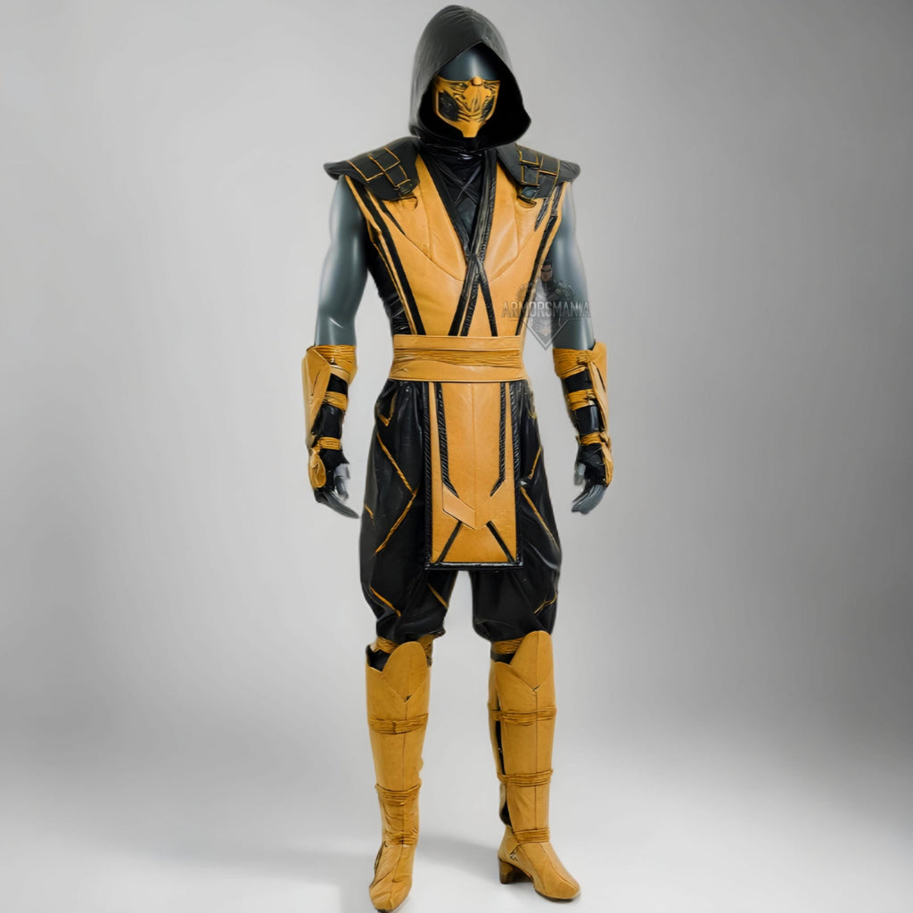Handcrafted Scorpion Themed Yellow Black Ninja Cosplay Costume Hooded Leather Armor Set Outfit Custom