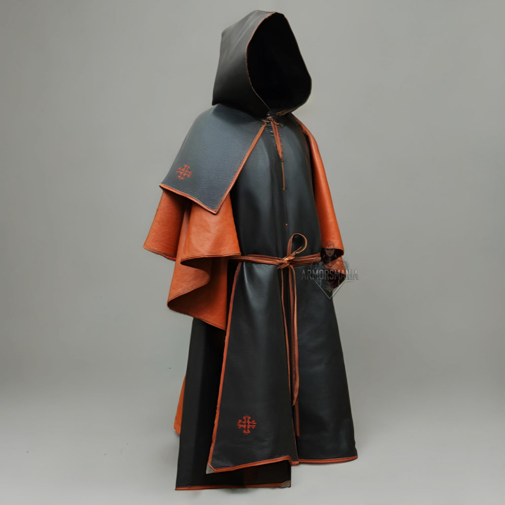 Handcrafted Shadow Cleric Hooded Leather Cloak Robe, Medieval Fantasy Monk LARP Cosplay Costume Outfit