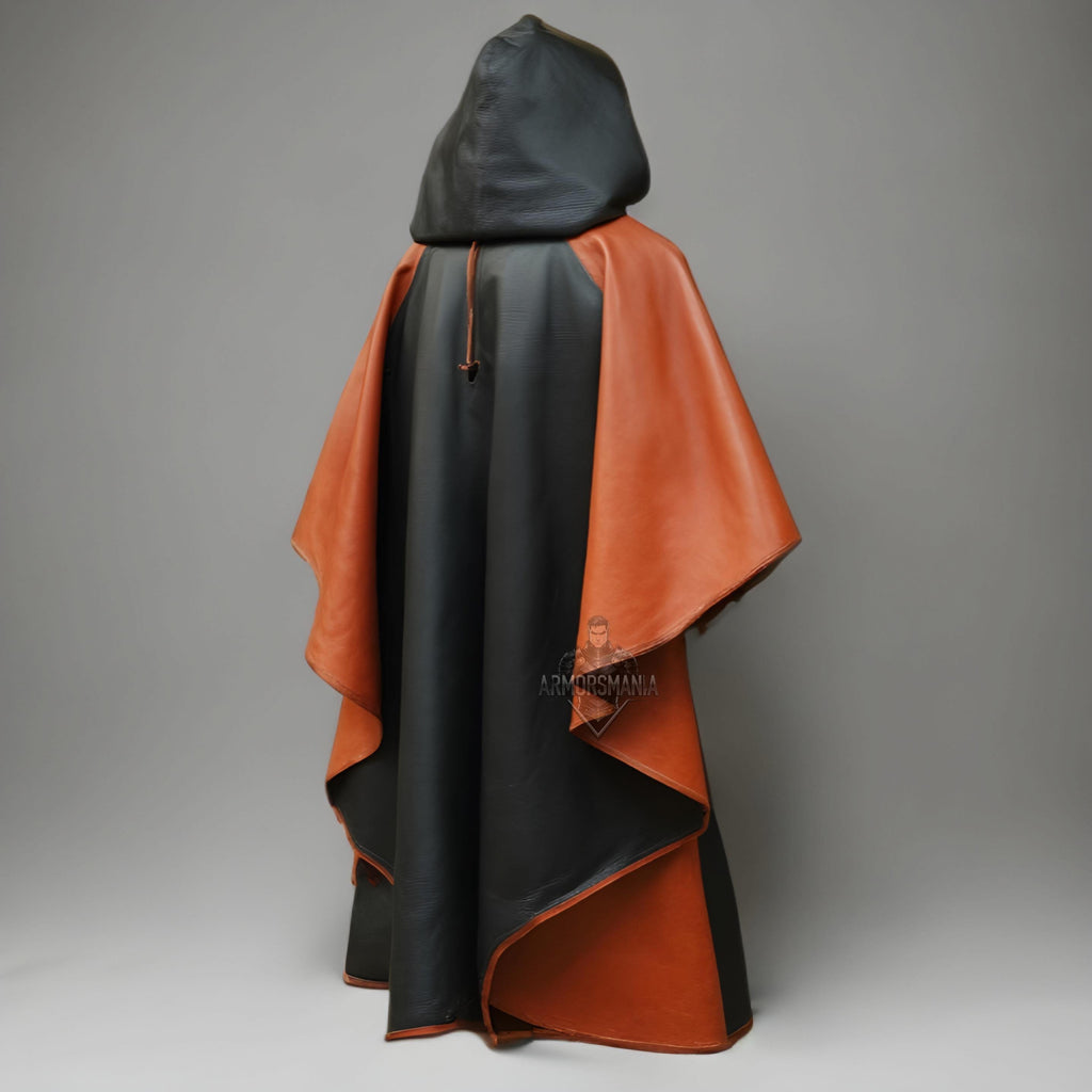 Handcrafted Shadow Cleric Hooded Leather Cloak Robe, Medieval Fantasy Monk LARP Cosplay Costume Outfit