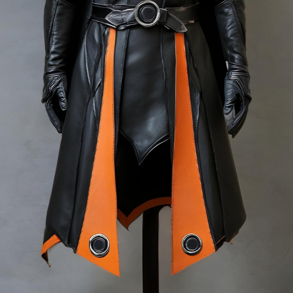 Handcrafted Arcane Warlock Black Orange Leather Armor Coat, Fantasy Mage LARP Cosplay Costume Outfit